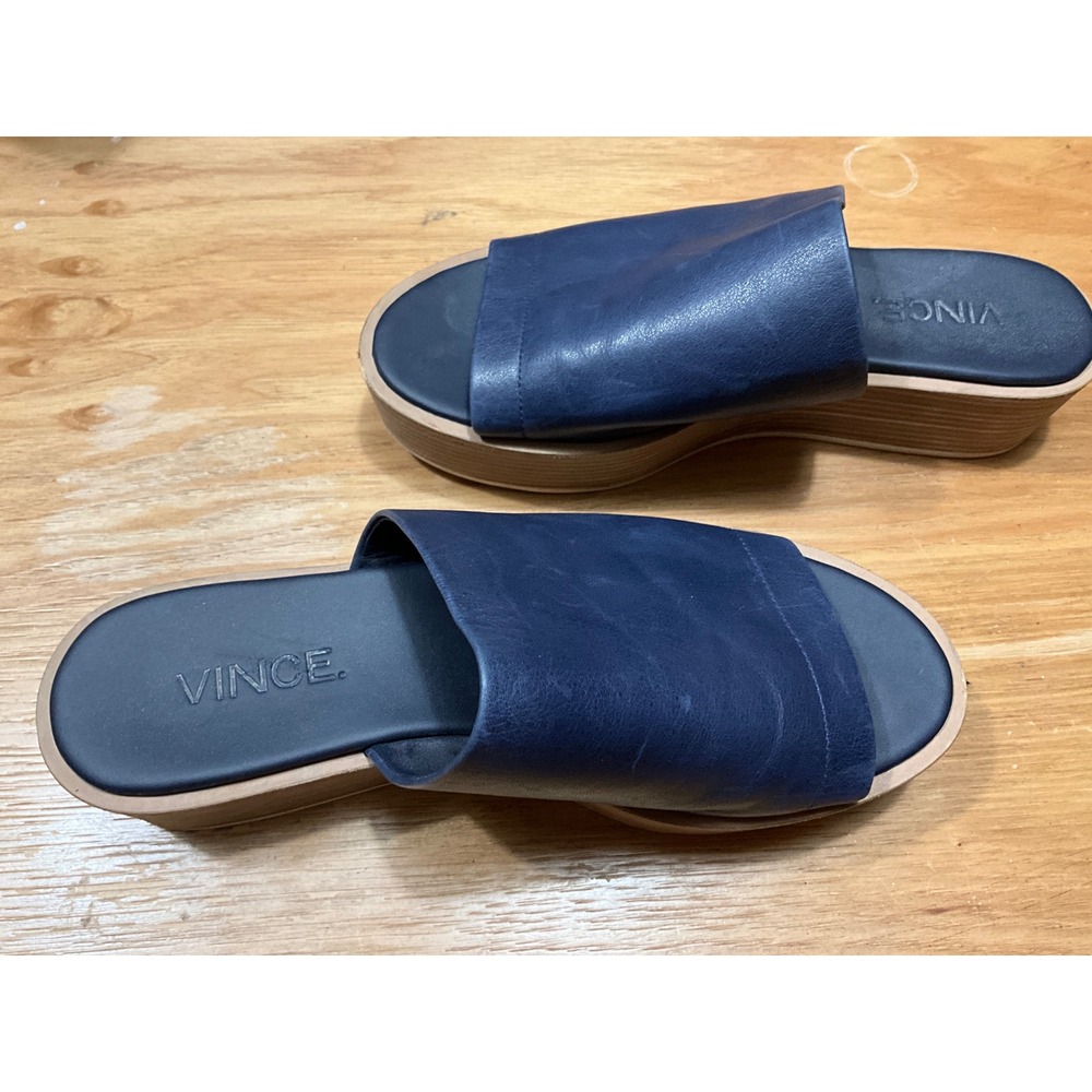 Vince Navy Blue Leather Platform Slide Sandals Wood Wedge Womens Size 6.5